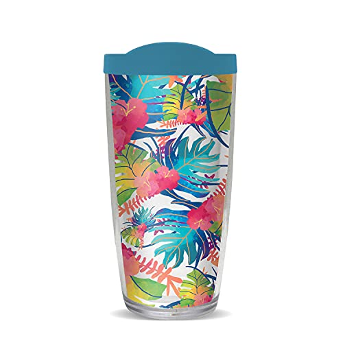 FREEHEART 22oz Lustran Tumbler - Tropical Leaves with blue lid