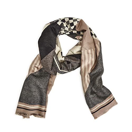 Two's Company Walk the Line Mixed Printed Scarf in Neutral Tones, 70-inch Length, Viscose/Polyester