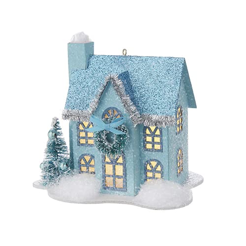 RAZ Imports 4212559 Blue Lighted Paper House Ornament, 4.75-inch Height