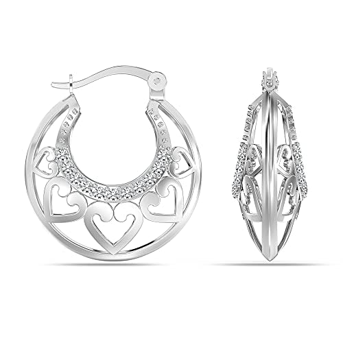 LeCalla Sterling Silver Jewelry Heart Filigree Cage Hoop Earrings for Women