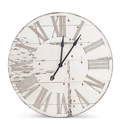 K&K Interiors 13570A 36 Inch Round Antique White Wood Wall Clock W/Roman Numerals