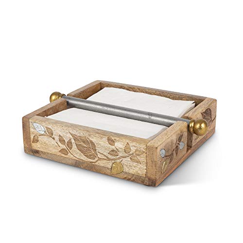 Gerson Mango Wood with Laser and Metal Inlay Leaf Design Napkin Holder.