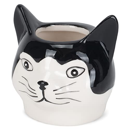 Napco Black White Cat Head 2.75 Inch Ceramic Flower Pot Planter