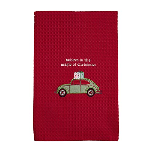 Mud Pie Green Car Christmas Waffle Towel, 25-inch