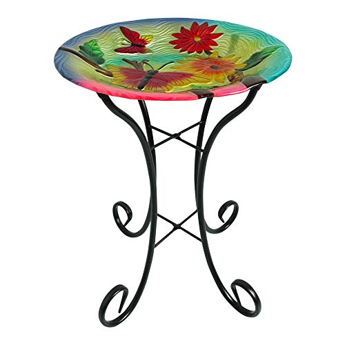 Comfy Hour Bird Meets Garden Bath Collection 22" Metal Art Flower and Butterflies Top Birdbath Garden Decor, Green