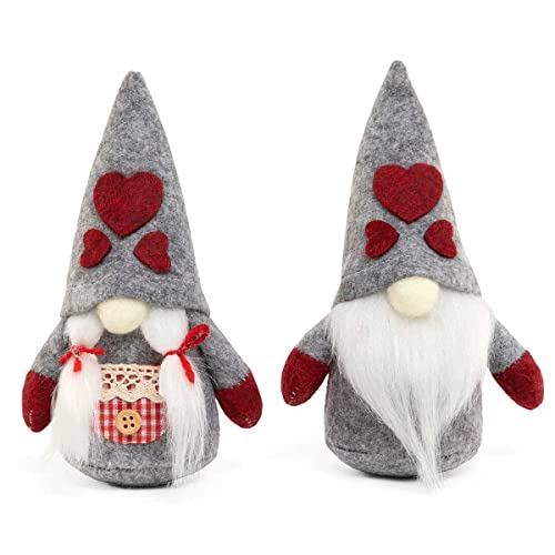 MeraVic Cheerful Gnome Couple Grey with Heart Hat, Lace and Button Apron, Fabric Nose, White Beard/Pigtails and Arms Boy/Girl, Set of 2, 6 Inches, Valentine&