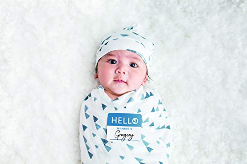 Mary Meyer Lulujo Baby Hello World Newborn Hat and Swaddle Blanket Set, Triangle Blue