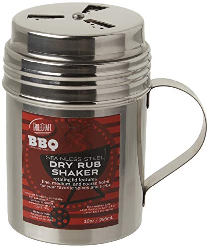 Tablecraft Stainless Steel Dry Rub Shaker with Handle, 10 oz, Silver