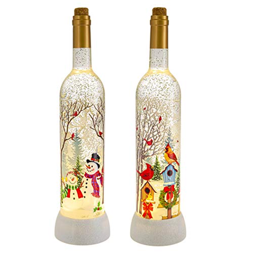 Ganz MX181285 LED Light Up Shimmer Decorative Wine Bottles with Snowman and Birdhouse Scenes, Set of 2