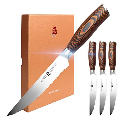 TUO Cutlery 4-PCS Steak Knife Set - 5-Inch Serrated Steak Knives Set Table Knife Durable Razor Sharp Stain Rust Resistant - Forged German Steel Full Tang Pakkawood Handle - Fiery Phoenix Series with Gift Box