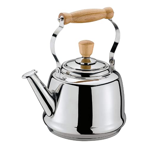 Frieling Cilio Tradition Stainless Steel Whistling Water Kettle, Stovetop Kettle with Wooden Handles, 2.6 Quarts, Silver