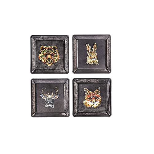 Ganz Tribal Woodland Animal Trinket Dish, Pack of 4, Metal, 5.12 Inches Square, 0.75 Inch Height, Black