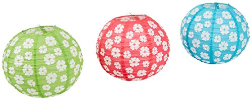 Beistle Multicolor Hibiscus Design Round Paper Lanterns, 3ct, Cerise/Light Green/Turquoise/White