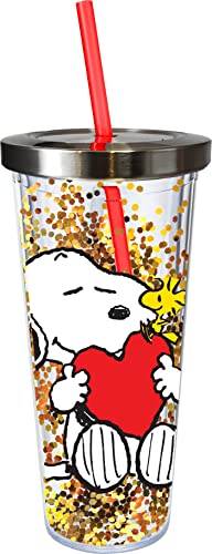 Spoontiques - Glitter Filled Acrylic Tumbler - Glitter Cup with Straw - 20 oz‚ÄØ- Stainless Steel Locking Lid with Straw - Double Wall Insulated - BPA Free - Snoopy Drinking Cup