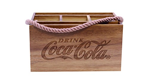 Tablecraft CC330 Coca-Cola Acacia Wood Caddy with Rope Handle, Wood