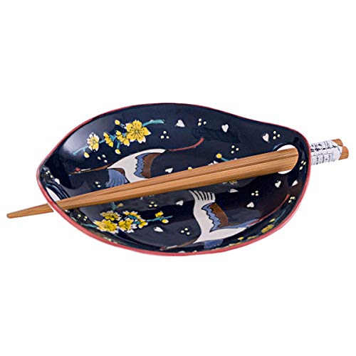 FMC Fuji Merchandise Mira Design Japanese Design Quality Ceramic Stoneware Sushi Serving Plate with Chopsticks (Japanese Crane)