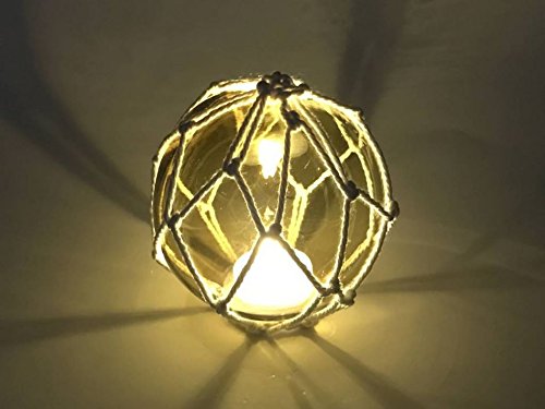 Handcrafted Nautical Decor Tabletop LED Lighted Amber Japanese Glass Ball Fishing Float with Brown Netting
