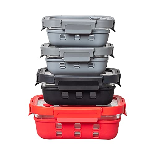 GENICOOK Borosilicate Glass Meal and Food Storage Containers with Silicone Wrap, Vent and Pro Grade Removeable Lockdown Levers, Rectangular Shape - 8 pc Set (4 Containers - 4 Matching Lids)