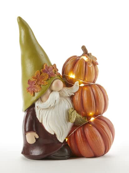 Delton LED Gnome with Pumpkin, 7.3-inch Height, Resin