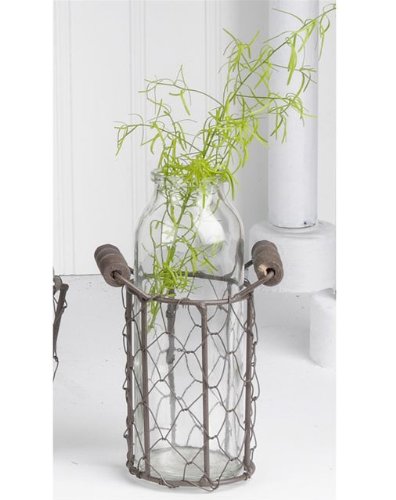 Blossom Bucket Round Metal Chicken Wire Basket with Clear Glass Bottle