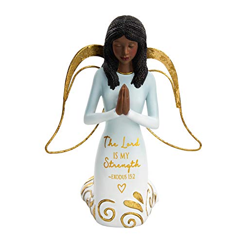 Pavilion Gift Company Lord is My Strength Exodus 15:2-5.25 Inch African American Kneeling Praying Collectible Resin Angel Figurine, Blue