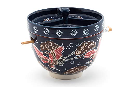 FMC Fuji Merchandise Mira Design Japanese Design Quality Ceramic Ramen Udong Soba Tempura Noodle Bowl with Chopsticks and Condiment Lid 6 Inch Diameter (Japanese Crane)