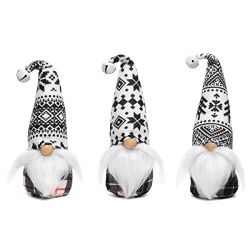 MeraVic Danish Gnome Trio Black & White & Red Plaid Body, Black & White Hat with Bells, 8 Inches, Set of 3 - Christmas Decoration
