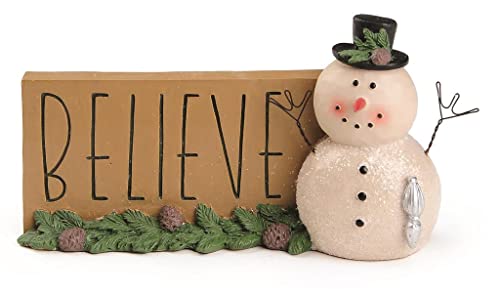 Blossom Bucket 228-13426 Believe Snowman Plaque with Christmas Greens Sign, 5.25-inch Length