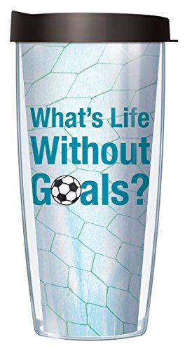 Freeheart Signature Tumblers What's Life Without Goals Wrap on Teal Soccer Ball 22 Ounce Double-Walled Travel Tumbler Mug with Black Easy Sip Lid