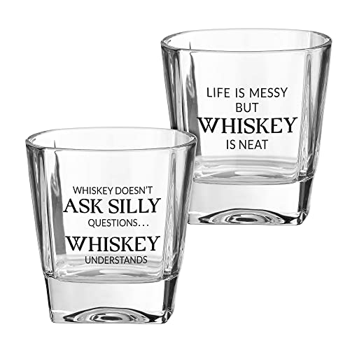Blue Sky Clayworks Lillian Rose Set of 2 Whiskey Low Ball Glasses with Funny Sayings, Black