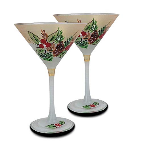 Golden Hill Studio Hand Painted Martini Glasses Set of 2 - Black Forest Pine Collection - Hand Painted Glassware by USA Artists - Unique and Decorative Martini Glasses, Kitchen Table D√©cor, Holiday