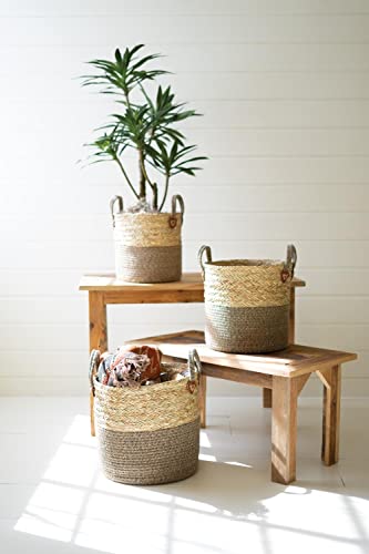 Kalalou Set 3 Woven Round Seagrass Baskets W Brown Base And Handles