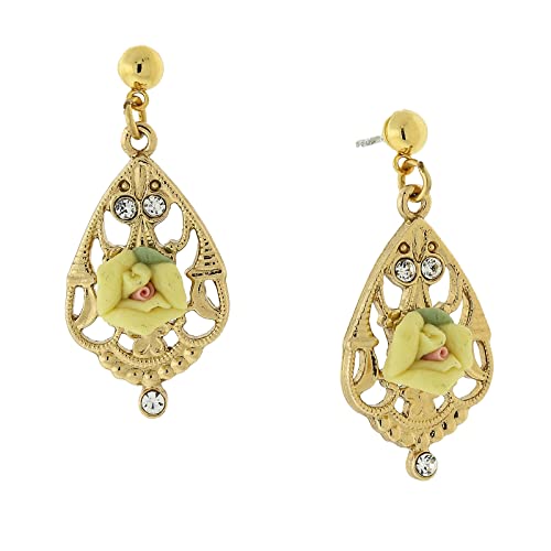 1928 Jewelry "Porcelain Rose" Teardrop Filigree Crystal Yellow Rose Teardrop Earrings