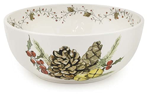 Boston International Holiday Ceramic Salad/Serving Bowl, 9.75-Inches, Pinecones & Bells