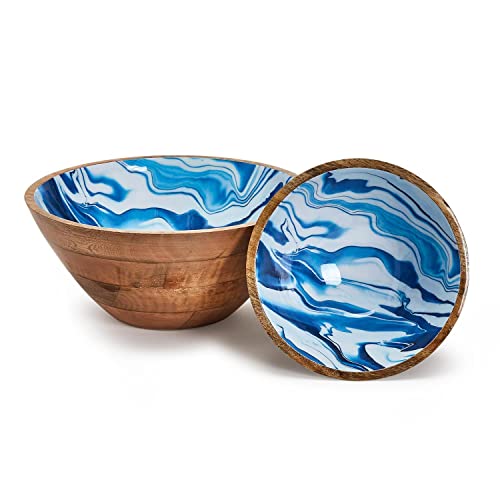 Two's Company Aptware Blue Set Of 2 Wooden Bowls w/Aptware Inspired Pattern in 2 Sizes