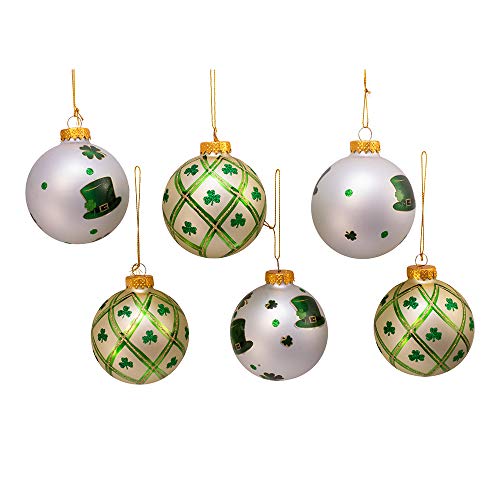 Kurt Adler Kurt S. Adler 80MM Silver and Light Green St. Patrick Glass Ball, 6 Piece Box Ornament, Black
