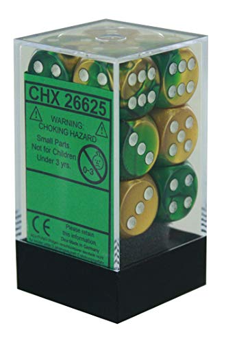 Chessex 26625 Gemini 16mm d6 Block of 12 Dice, Gold-Green with White