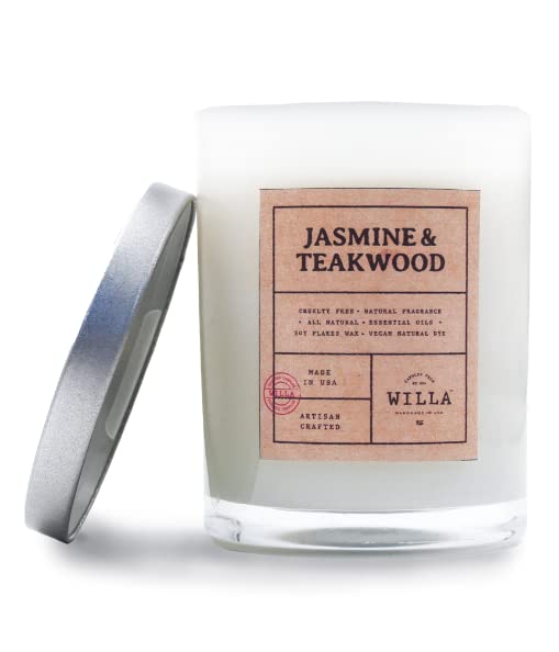 Willa Jasmine & Teakwood Highly Scented Candle - All Natural Soy Wax Luxury Candles Artisan Made in The USA with Essential Oils - Best for a Home / Aromatherapy / Gift / Spa / Bathroom 9oz Jar Candle