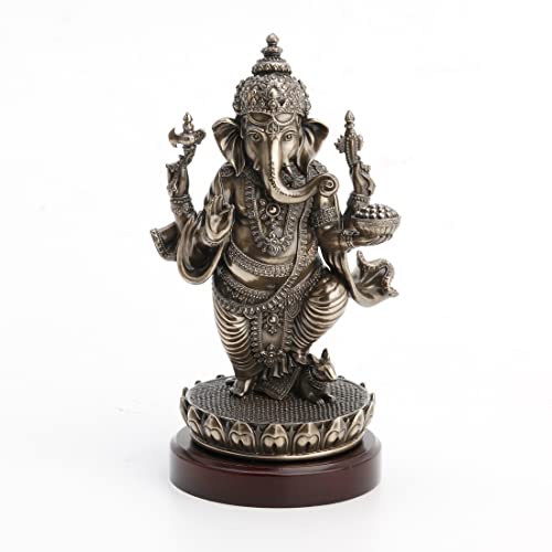 Lord Ganesha Standing On Lotus with Wooden Base Cold Cast Resin Antique Bronze Finish Statue