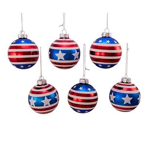 Kurt Adler Kurt S. Adler 80MM Red, White and Blue Stars and Stripes Glass Ball, 6 Piece Box Ornament