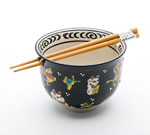 FMC Fuji Merchandise Quality Japanese Ramen Udon Noodle Bowl with Chopsticks Gift Set 5 Inch Diameter (Lucky Cat)