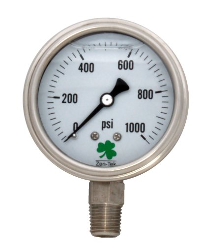 Zenport SSLPG1000 Zen-Tek Liquid Filled Stainless Steel Pressure Gauge, 0-1000 PSI