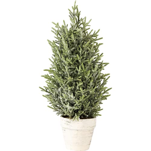 Primitives By Kathy Holiday Winter Mini Decorative Christmas Tree Bristle Tree with Ice Crystals in White Flower Pot, 24 Inch