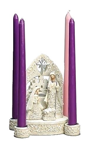 Roman Holy Family Ivory Lace Nativity Scene 7 Inch Resin Dolomite Advent Candle Holder