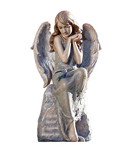 Roman 602079 Angel with Bluebird on Stone Statue, 16.25-inch High