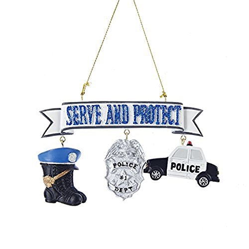 Kurt Adler "SERVE AND PROTECT" POLICEMAN WITH BOOTS, SHIELD AND CAR DANGLES ORNAMENT