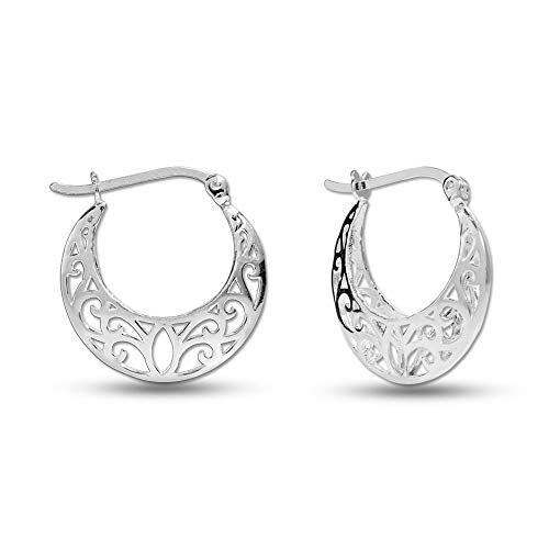 LeCalla 925 Sterling Silver Jewelry Floral Filigree Light-Weight Small Hoop Earrings for Teen Women 28MM