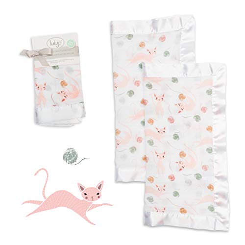 Mary Meyer lulujo Baby Security Lovie Blankets| Unisex Softest Breathable Cotton Muslin Security Blanket with Silky Satin Trim| Neutral Comforting Blanket for Girls & Boys | 16in by 16 in| Kitty
