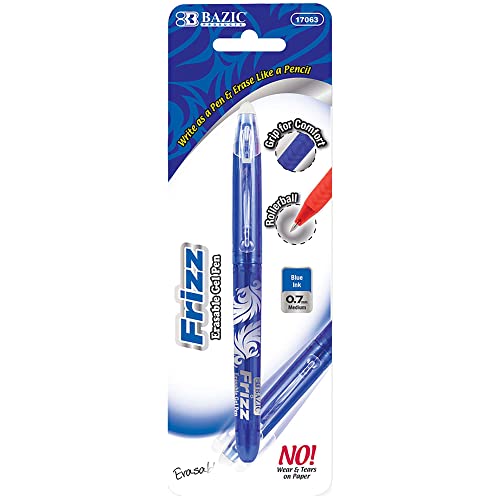 BAZIC Frizz Blue Color Erasable Gel Pen 0.7mm, Rollerball Inks Pens Mistake Eraser, Drawing Writing, 1-Pack