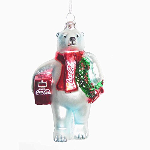 Kurt Adler CC4162 Glass Coca-Cola Bear Ornament with Wreath and Cooler, 4.5"